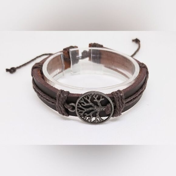 Men's bracelet leather Tree of life brown new e16 - Picture 1 of 1